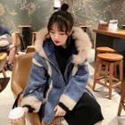 Furry Trim Hooded Two-tone Coat Blue - One Size