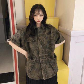 Short-sleeve Leaf Print Denim Jacket Army Green - One Size