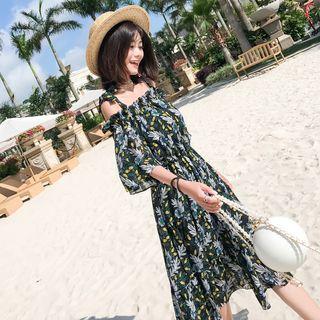 3/4-sleeve Floral Print Midi Sundress