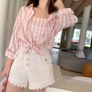 Set: Plaid Cropped Camisole Top + Long-sleeve Shirt
