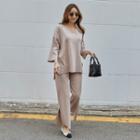 Set: Dip-back Knit Top + Slit-hem Knit Pants