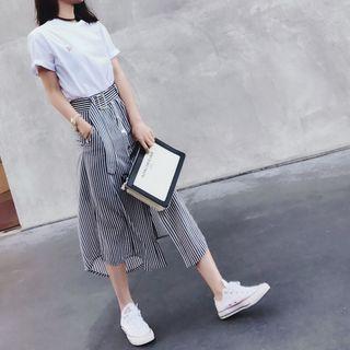 Set: Crew-neck Short-sleeve T-shirt + Striped Midi Skirt