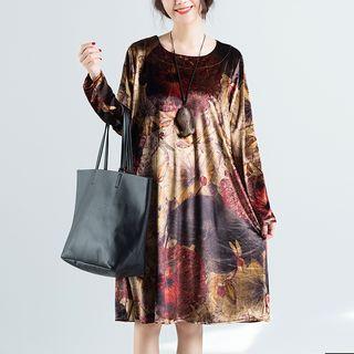 Print Long-sleeve Velvet Dress