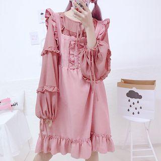 Frilled Trim Pinafore Dress / Lantern Sleeve Blouse