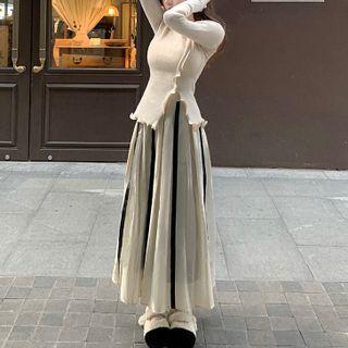 Long-sleeve Frill Trim Top / Midi A-line Skirt
