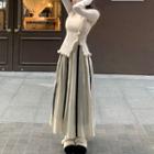 Long-sleeve Frill Trim Top / Midi A-line Skirt