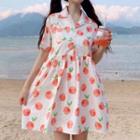 Short-sleeve Fruit Print A-line Dress Yellow Grapefruit - White - One Size