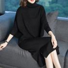 Set: Midi Long-sleeve Dress + Turtleneck Chunky Knit Vest