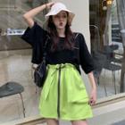 Short-sleeve Distressed T-shirt / Drawstring Zipped Skirt