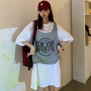 Lettering Tank Top / Plain Elbow-sleeve T-shirt Dress