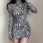 Long-sleeve Turtleneck Zebra Print Mini Sheath Dress