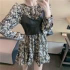Long-sleeve Floral Midi A-line Dress / Faux Leather Camisole Top