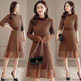Belt Waist Long Sleeve Lace Dress