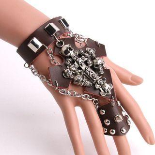 Skull Studded Faux Leather Ring Bracelet Coffee - One Size