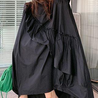 Ruffled Short-sleeve Midi A-line Dress Black - One Size