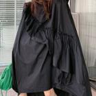Ruffled Short-sleeve Midi A-line Dress Black - One Size