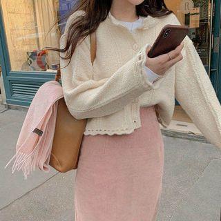 Cardigan / Corduroy Midi Fitted Skirt
