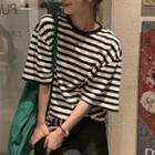 Elbow-sleeve Striped T-shirt T Shirt - Stripes - Black & White - One Size