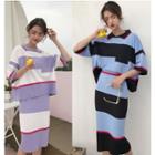 Set : Colour Block Elbow-sleeve Polo Shirt + Midi Skirt