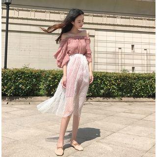 Set: Off-shoulder Bell-sleeve Dress + Mesh Midi Skirt