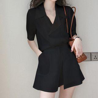 Set: Elbow-sleeve Double-breasted Blazer + Shorts
