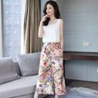 Set: Sleeveless Top + Floral Wide-leg Pants