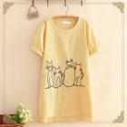 Short-sleeve Cat Embroidery Long T-shirt