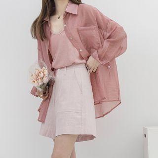 Set: Plain Camisole Top + Pocket Detail Shirt