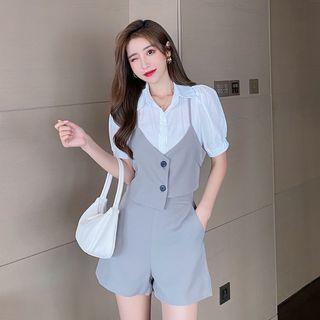 Set: Mock Two-piece Puff-sleeve Blouse + Shorts