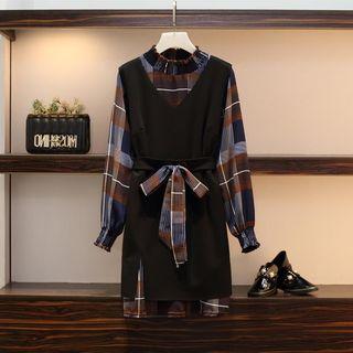 Set: Plaid Long-sleeve Chiffon Dress + Vest