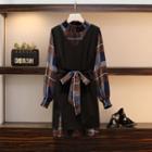 Set: Plaid Long-sleeve Chiffon Dress + Vest
