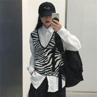 Zebra Pattern Sleeveless V-neck Knit Top As Shown In Figure - One Size