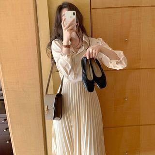 Long-sleeve Pleated Midi Shirt Dress Almond - One Size