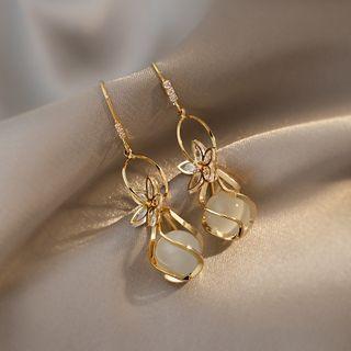 Flower Cat Eye Stone Dangle Earring 1 Pair - White Faux Pearl - Gold - One Size