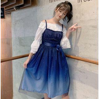 Gradient Spaghetti Strap Dress / Lace-trim 3/4-sleeve Top