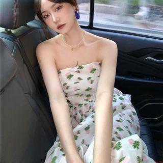Strapless Flower Embroidered Midi A-line Dress Dress - One Size