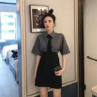 Short-sleeve Plain Shirt With Tie / Mini Pencil Skirt