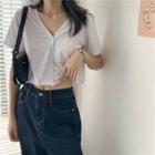 V-neck Short-sleeve T-shirt / Plaid Mini Pencil Skirt