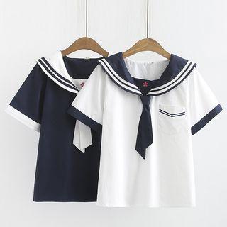 Elbow-sleeve Striped Trim Wide Collar Embroidered Top