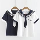 Elbow-sleeve Striped Trim Wide Collar Embroidered Top