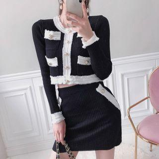 Set: Contrast Trim Cardigan + Pencil Skirt Black-set - One Size