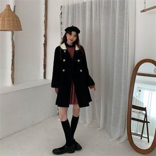 Double-breasted Coat / Floral Print Long-sleeve Mini A-line Dress