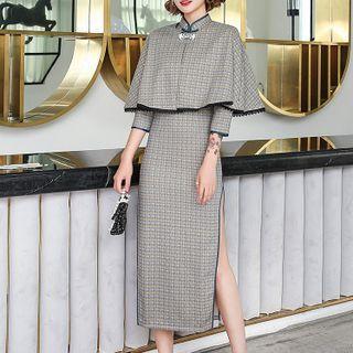 Set: Plaid Cape + 3/4-sleeve Plaid Sheath Dress