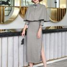 Set: Plaid Cape + 3/4-sleeve Plaid Sheath Dress