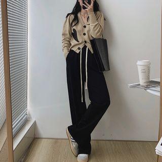 Heart Print V-neck Cardigan / Drawstring Wide Leg Pants / Set