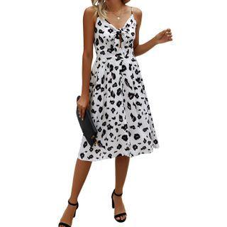 Spaghetti Strap Animal Print Midi A-line Dress