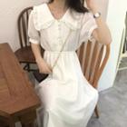 Elbow-sleeve Frill Trim Wide Collar A-line Midi Dress White - One Size