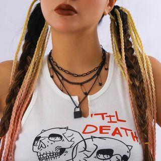 Set Of 3: Lock / Safety Pin Pendant / Alloy Necklace (various Designs) Black - One Size