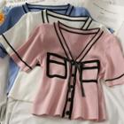 Contrasted Ribbon-accent Button-up Top