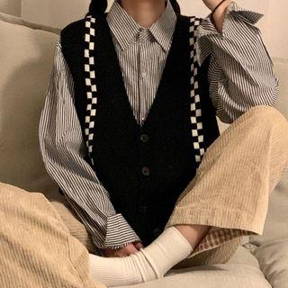 Check Knit Vest Black - One Size